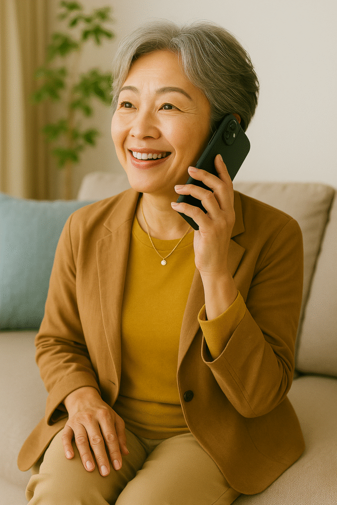 スマホを使う70代のシニア女性のai画像