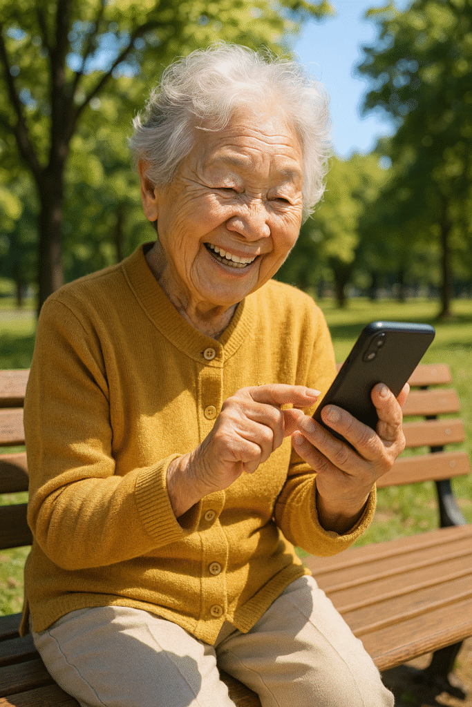 スマホを使う80代シニア女性のai画像