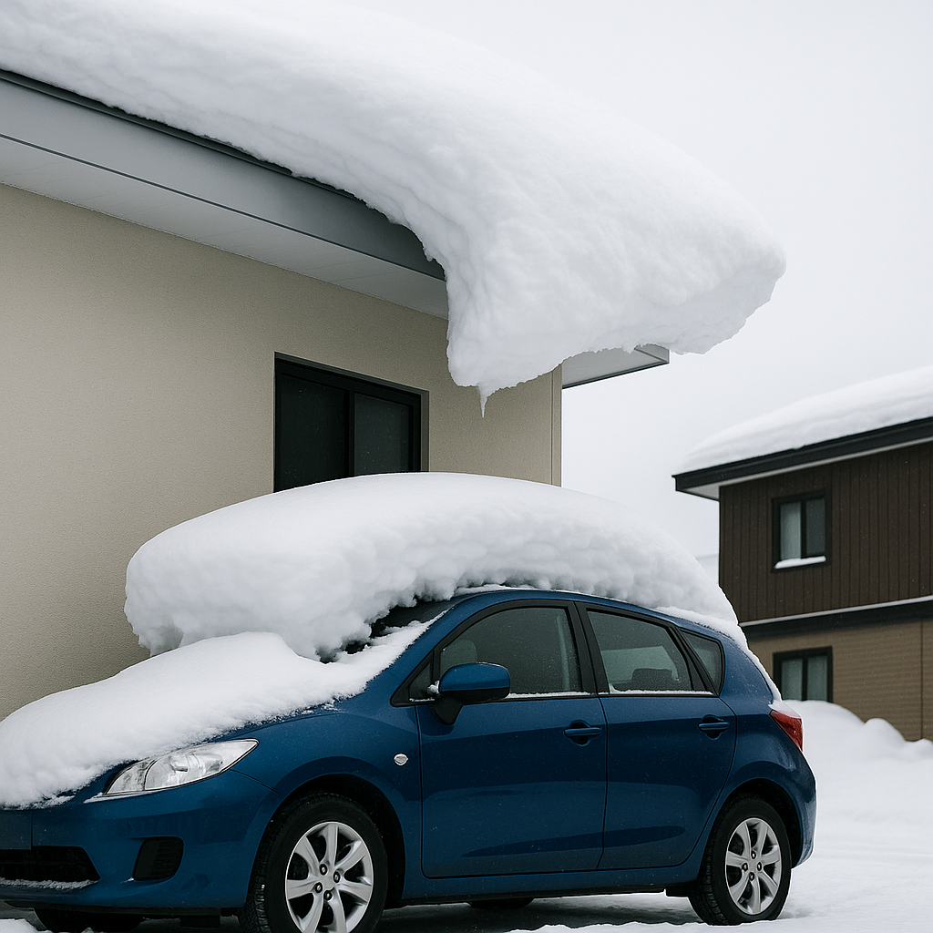 札幌の住宅で屋根の雪庇がせり出し車に落下しそうな様子
