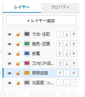 レイヤー一覧パネル。照明回路・コンセント回路・換気空調など回路ごとに色分けして管理できる