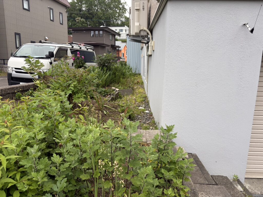建物側面から見た犬走りと庭の全体像。花壇植栽と境界を明確にする必要があった