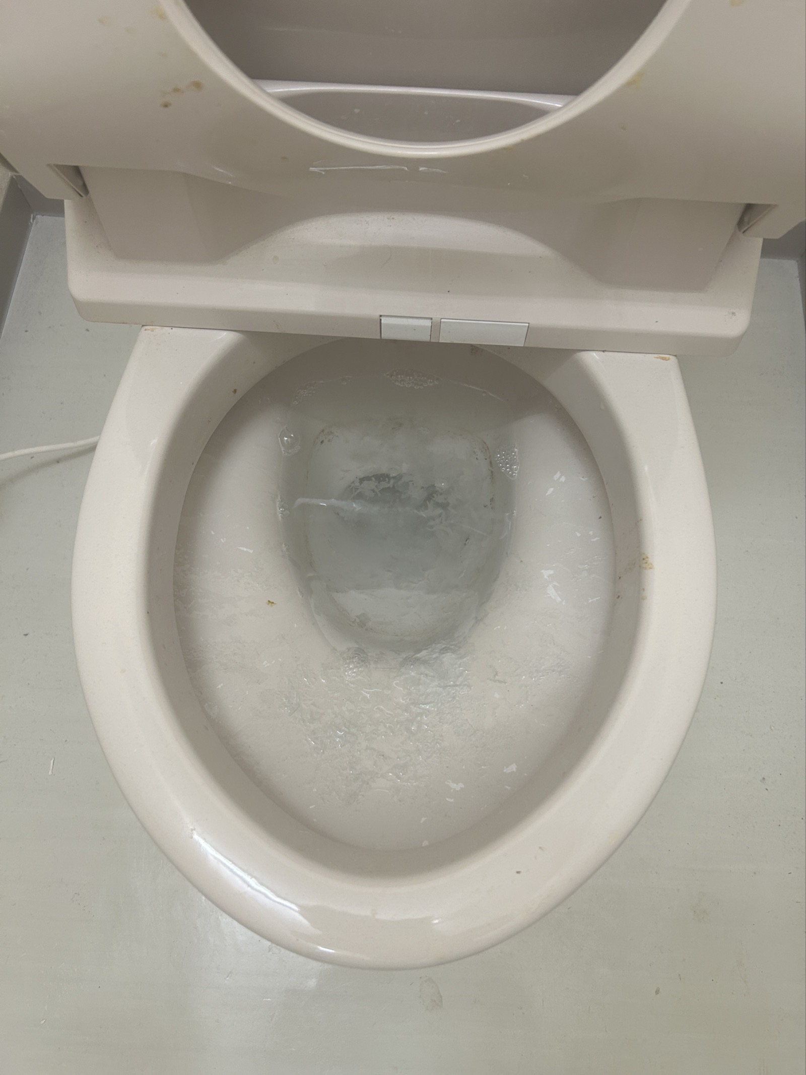 便器内にトイレットペーパーが溶けきらず滞留し、水位が下がらない状態。流れないまま洗浄を繰り返すと水が溢れるリスクがある。