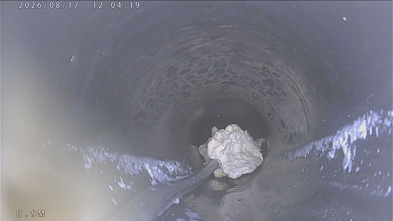 キッチン 排水管の内部をカメラで確認、白い汚れの塊が見える管内映像