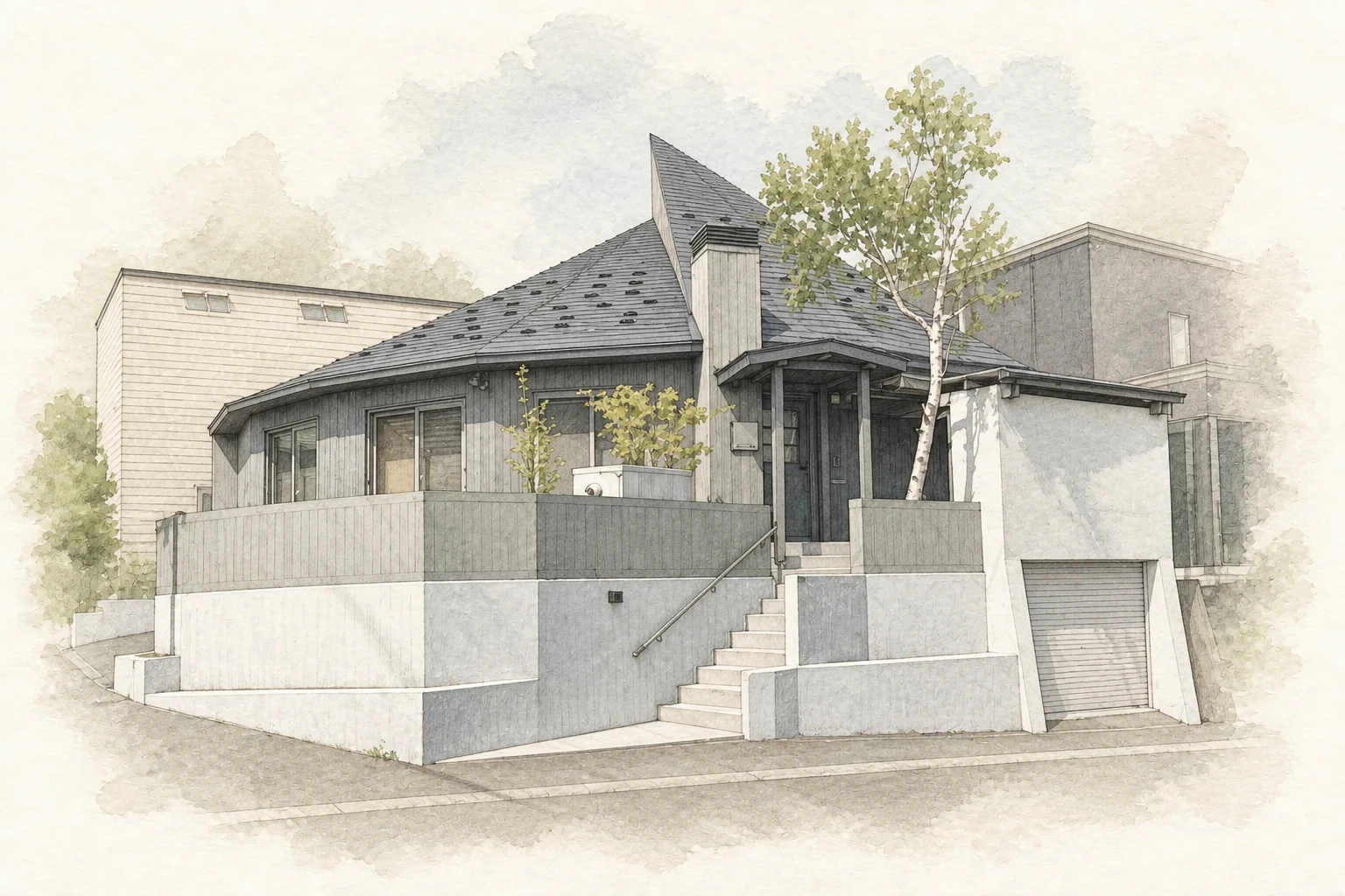北嶺建設の事務所外観を描いた建築イラスト